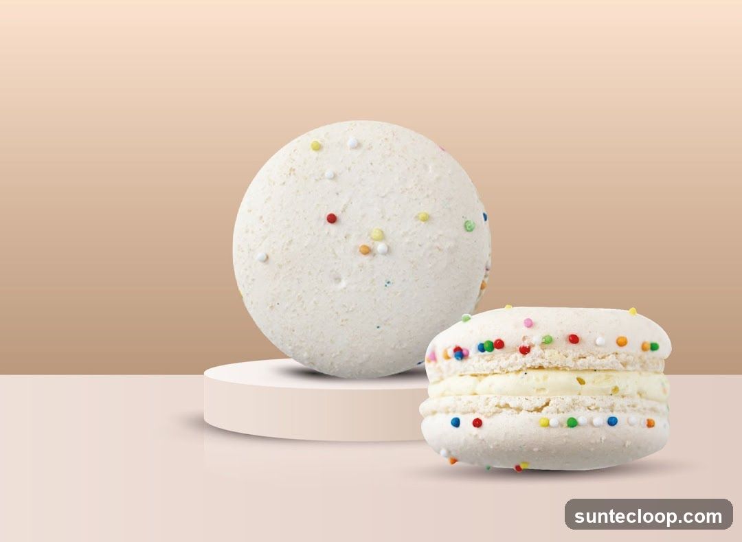 Two white macarons with sprinkles