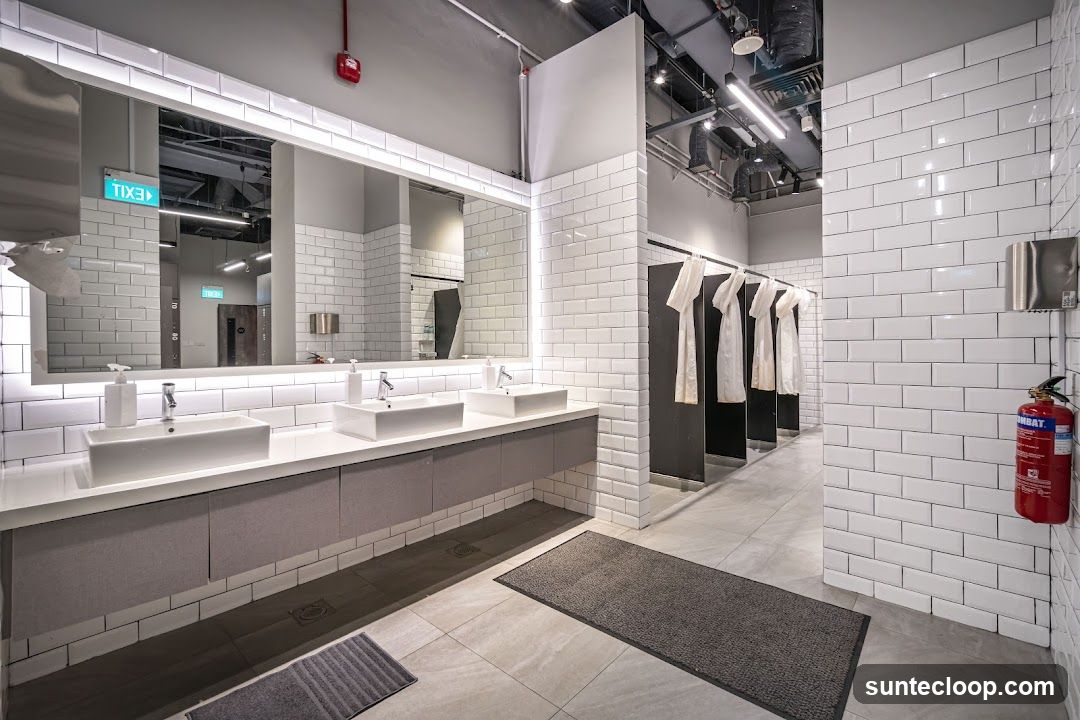 Modern Restroom with Sinks and Stalls