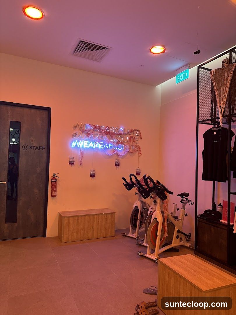 Indoor Cycling Studio with Halloween Decorations