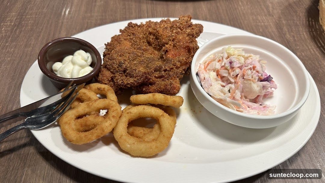 Fried Chicken with Onion Rings and Coleslaw