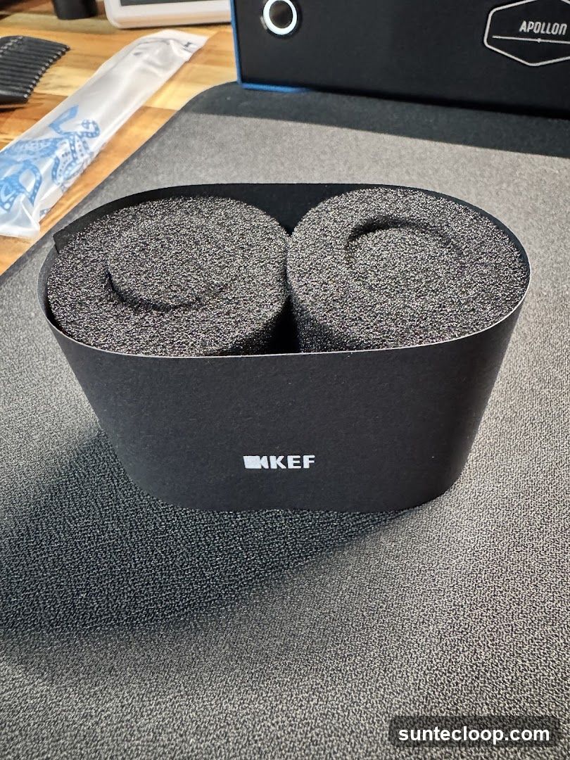 KEF branded packaging with foam inserts