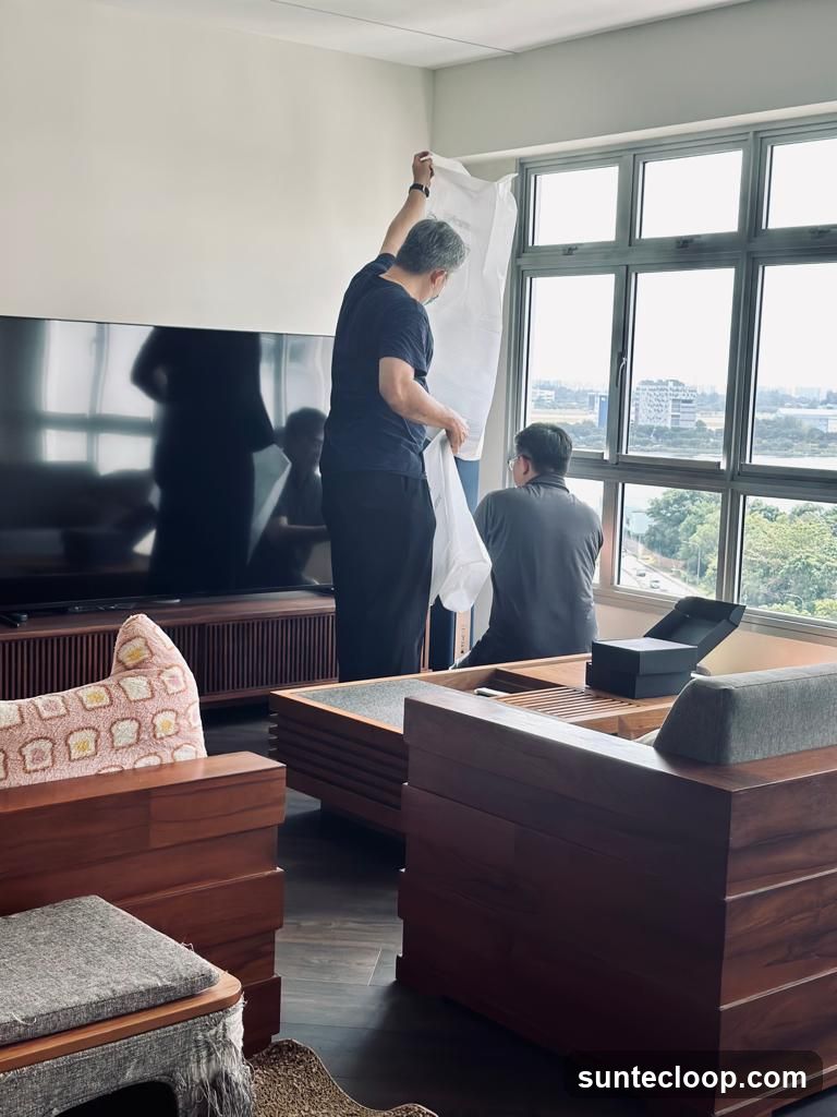 Two men hanging a large white sheet near a window