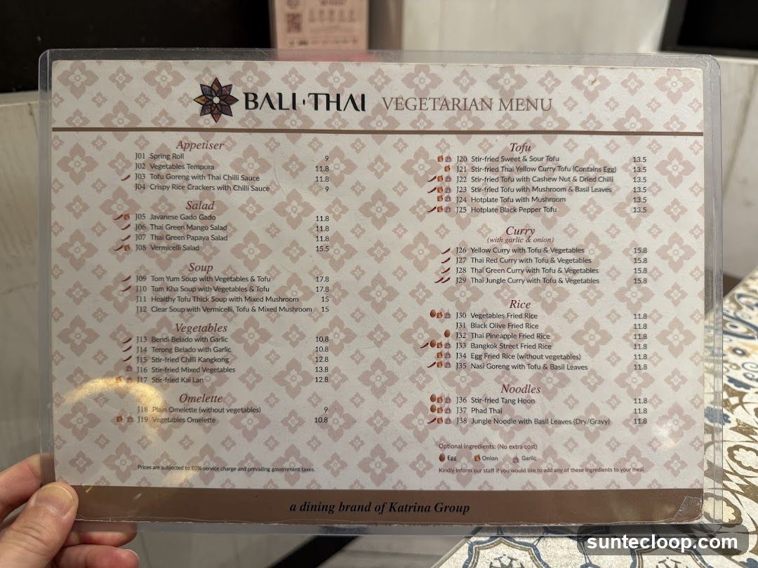 BALI THAI VEGETARIAN MENU