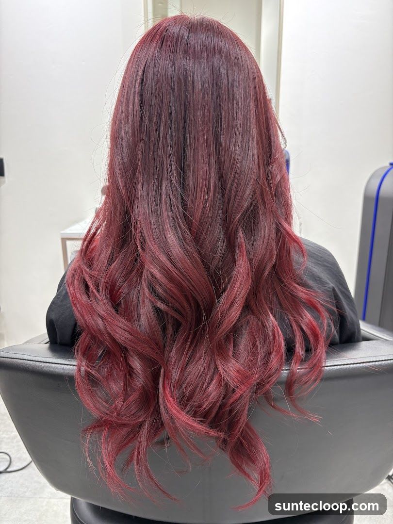 Woman with long, wavy, dark red hair