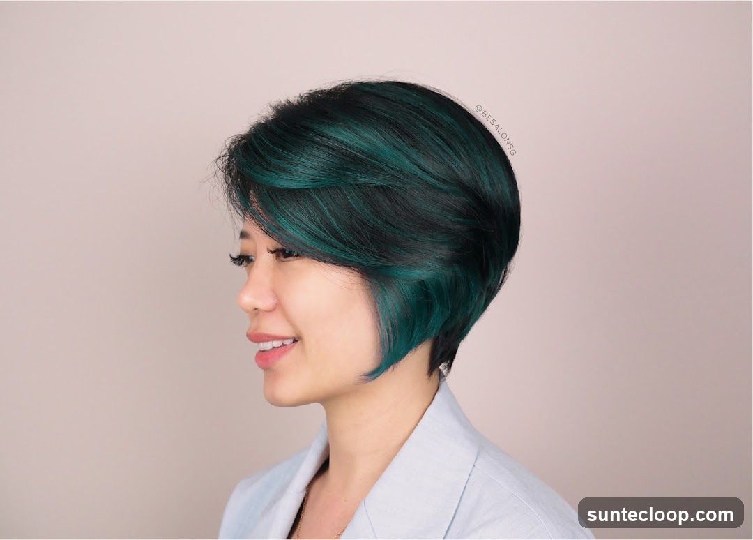 Woman with Teal and Black Bob Haircut