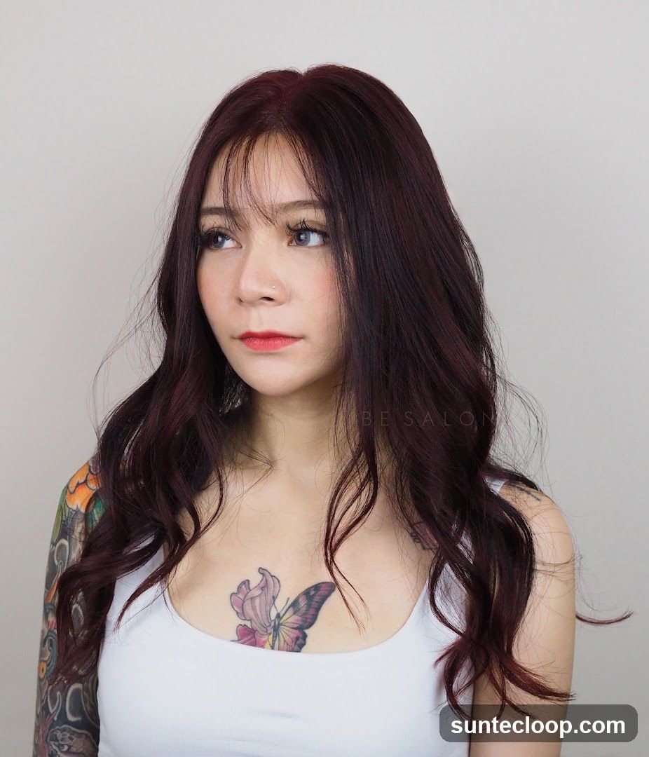 Woman with dark red wavy hair and tattoos