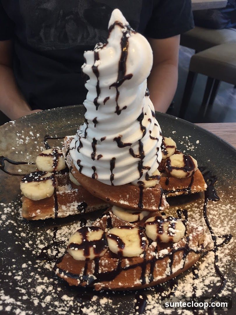Waffles with Soft Serve Ice Cream and Bananas