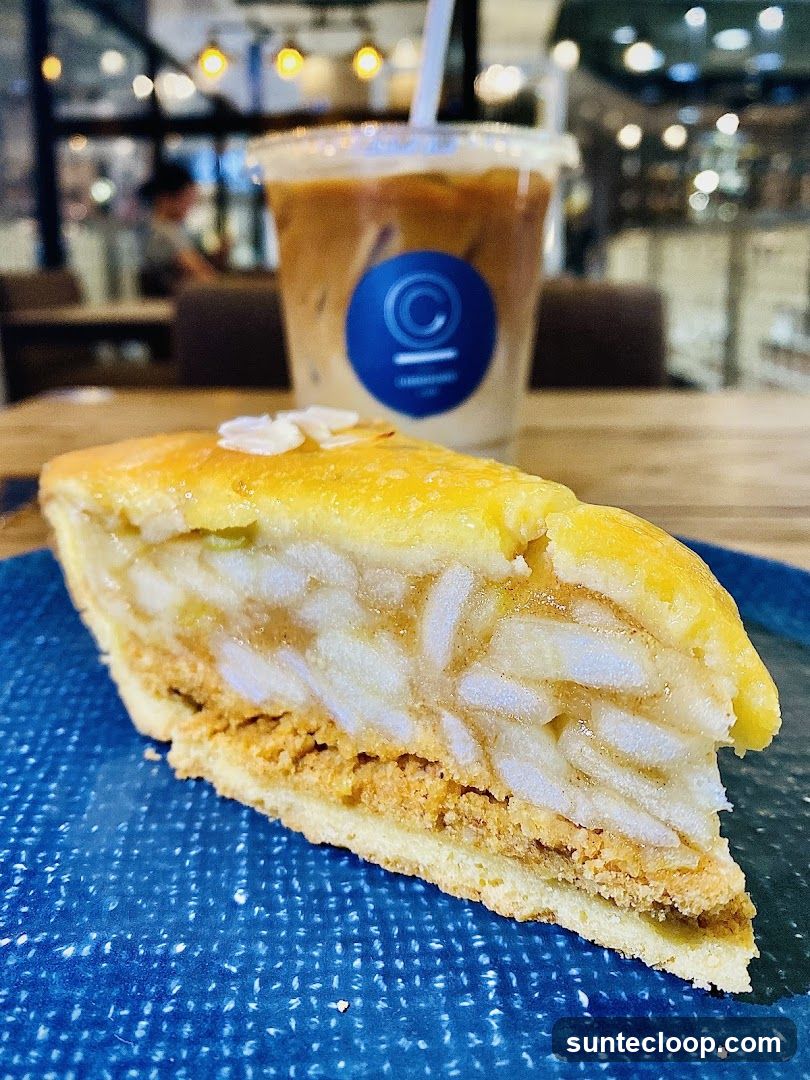 Slice of pie with iced coffee
