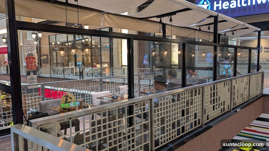 Indoor dining area with glass partitions