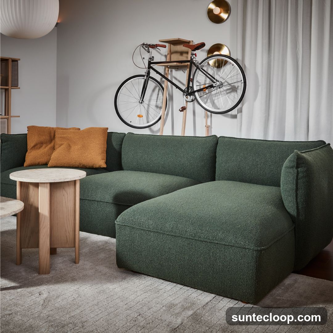 Living Room with Green Sofa and Mounted Bicycle