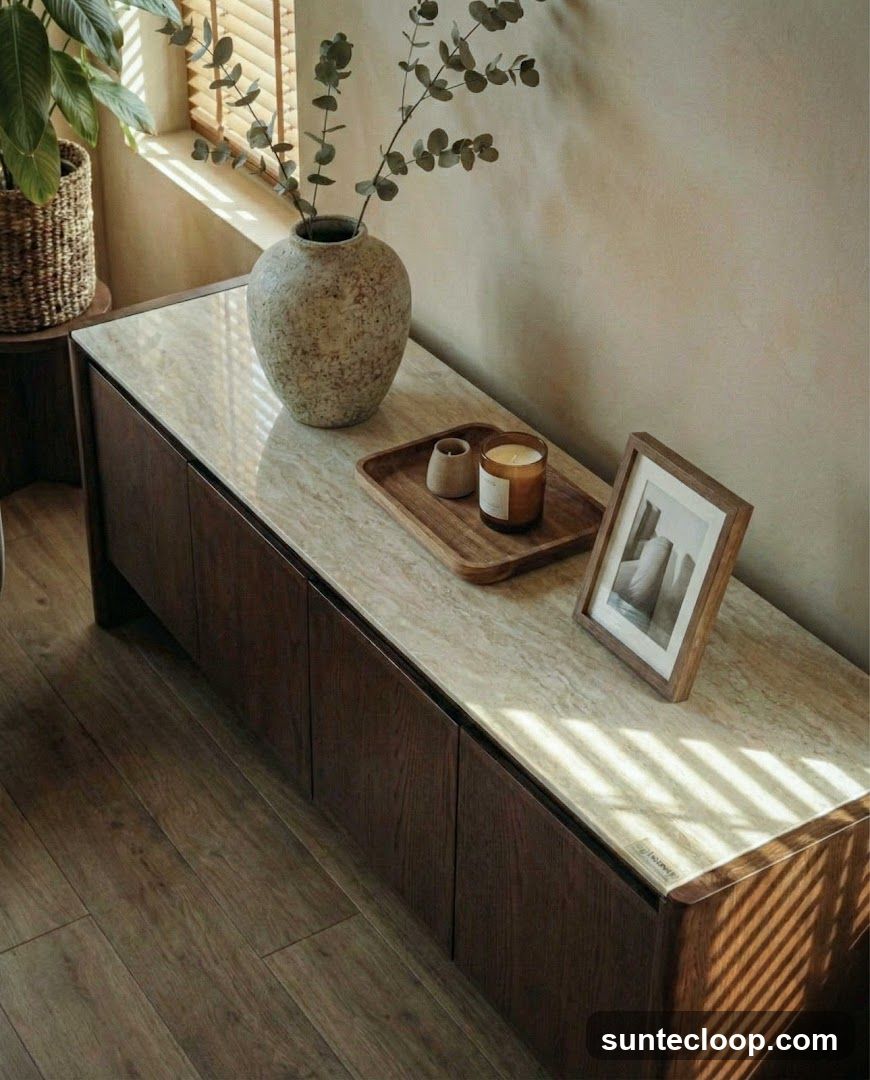 Wooden cabinet with marble top and decorative items