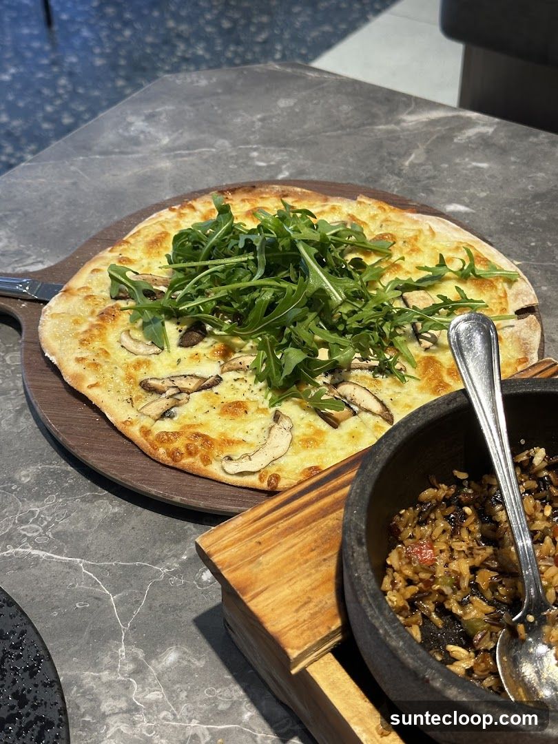 Mushroom and Arugula Pizza with Rice Dish