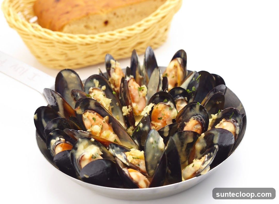 Mussels in a pan with bread