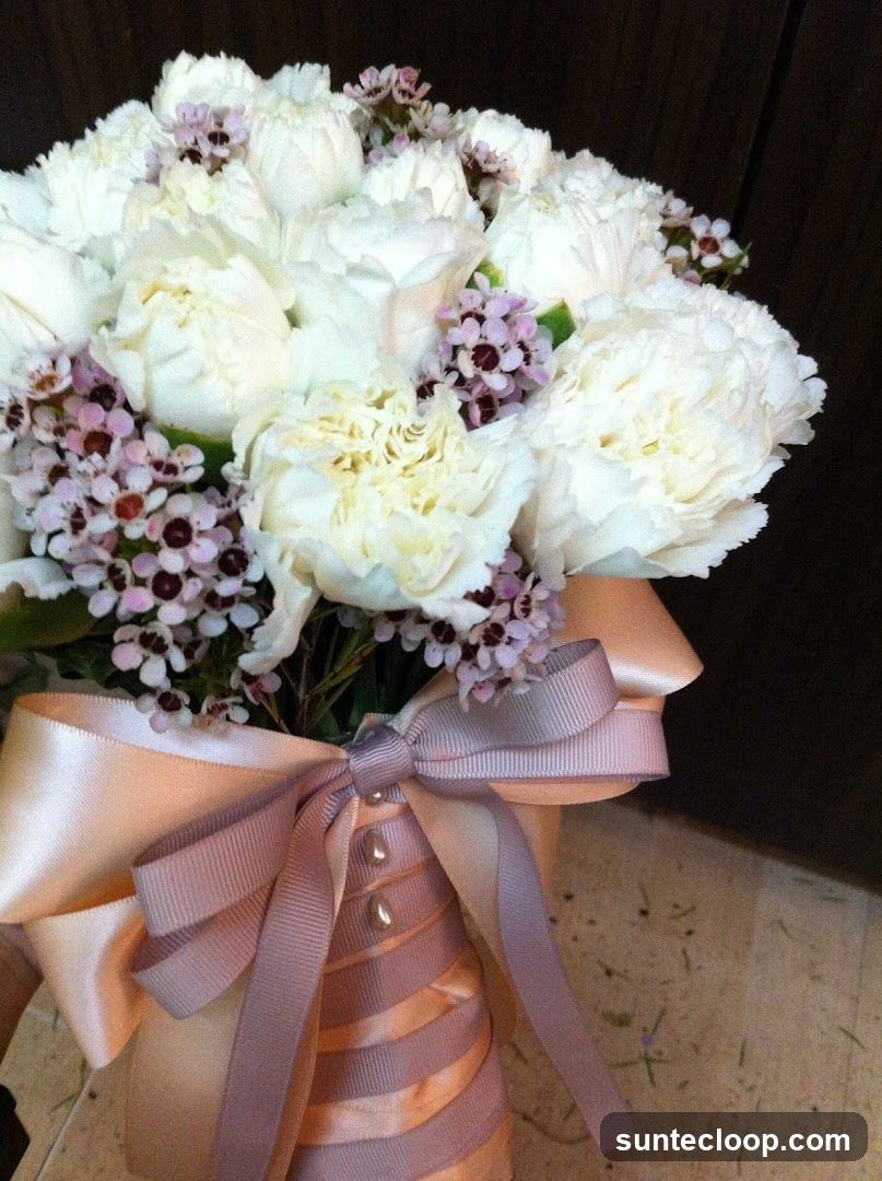White Carnation Bouquet with Purple Accents