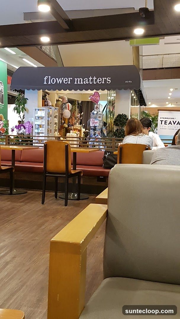 Flower shop interior with seating area