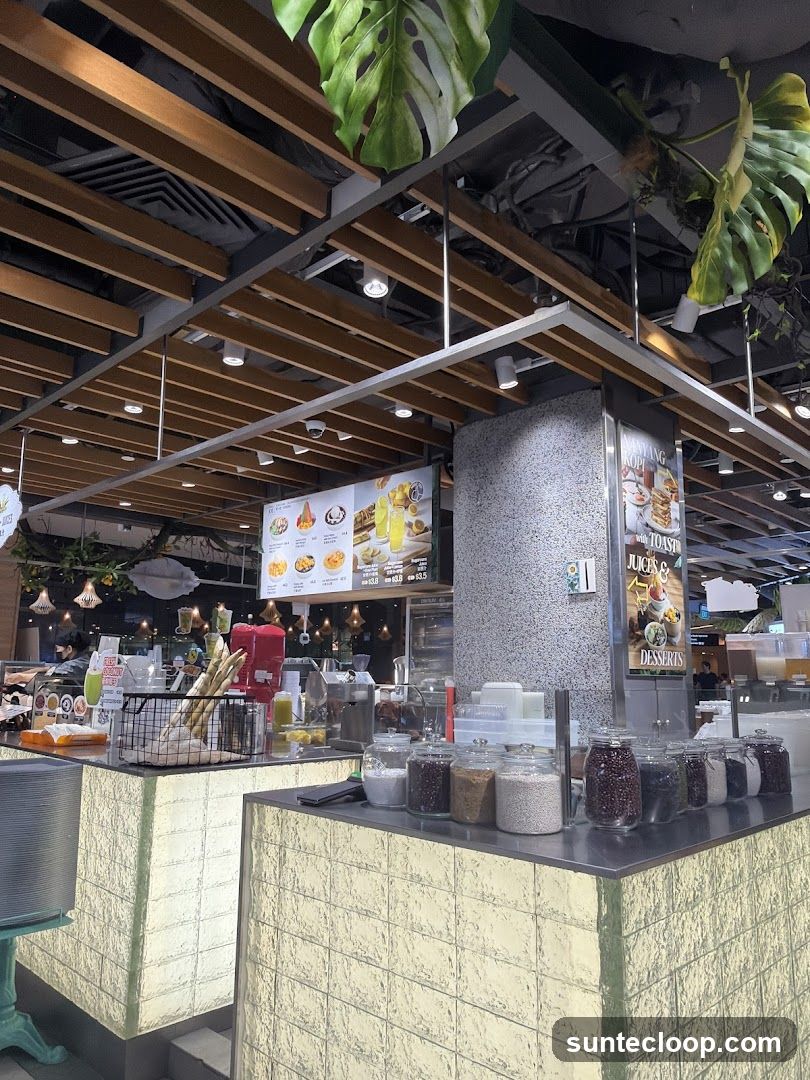 Food stall counter with ingredients and menu