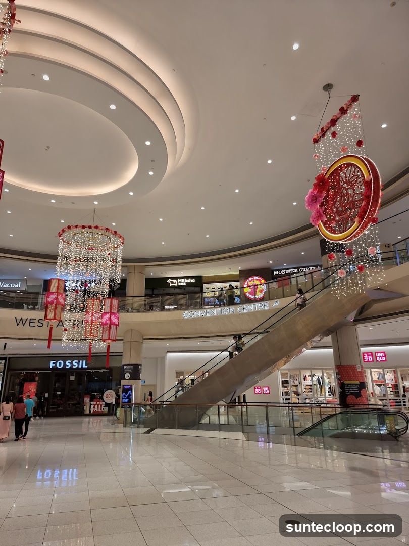 Interior of a shopping mall with festive decorations