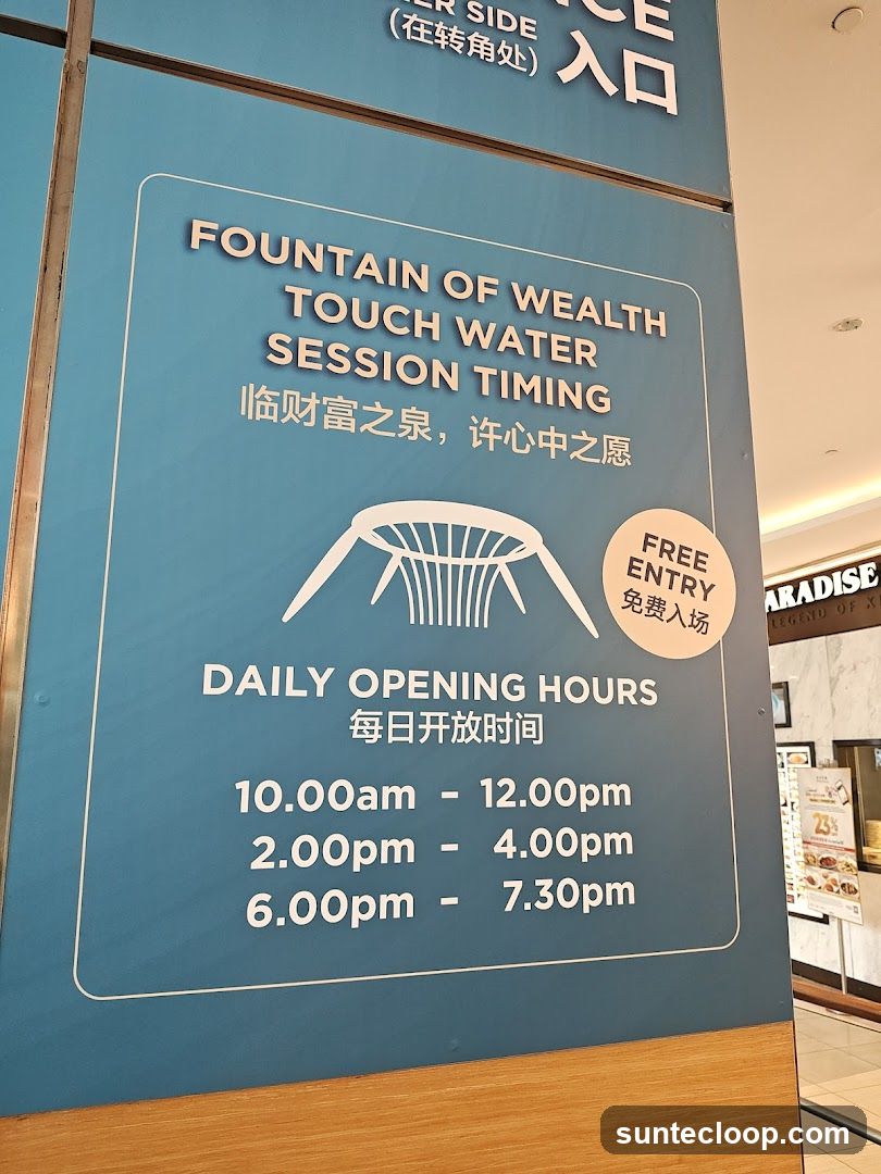 Fountain of Wealth Touch Water Session Timing