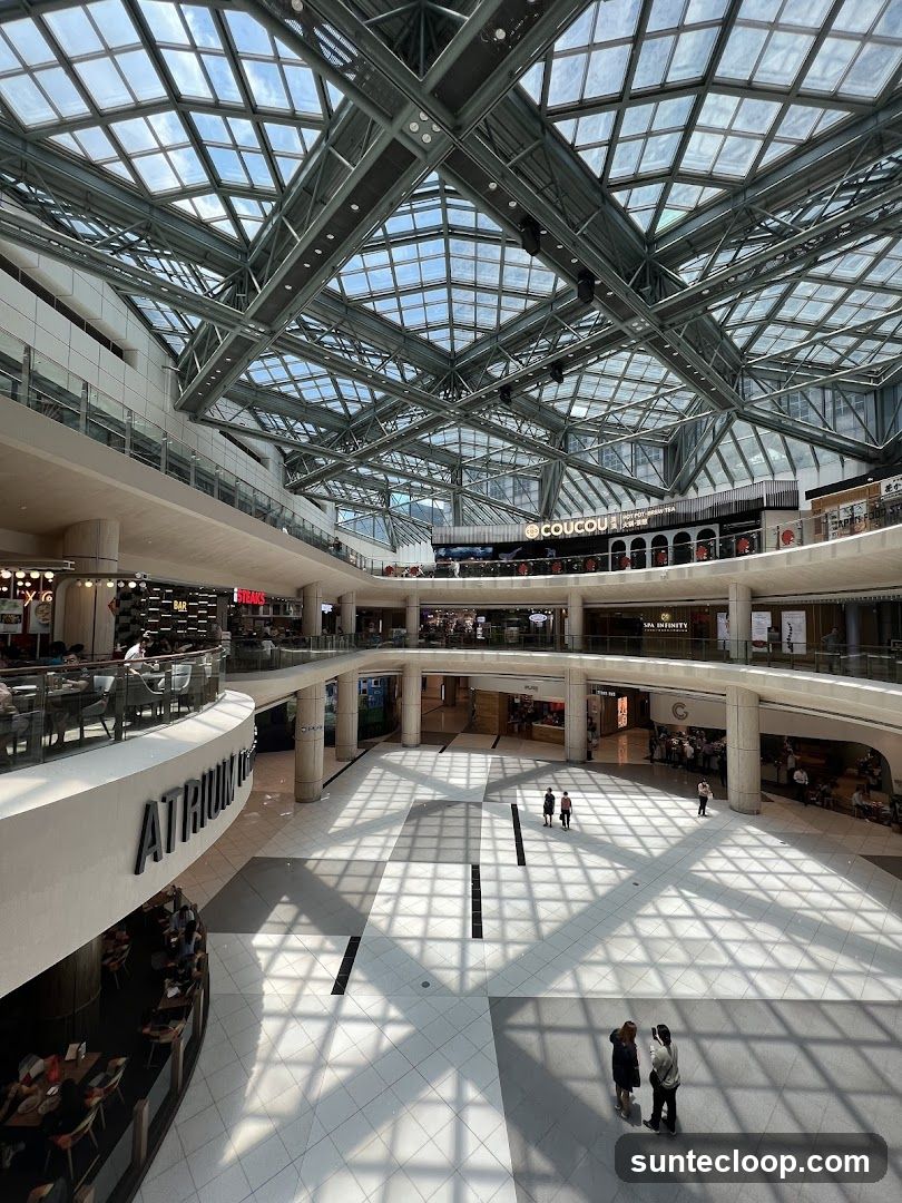 Interior of a multi-level shopping mall with a glass ceiling