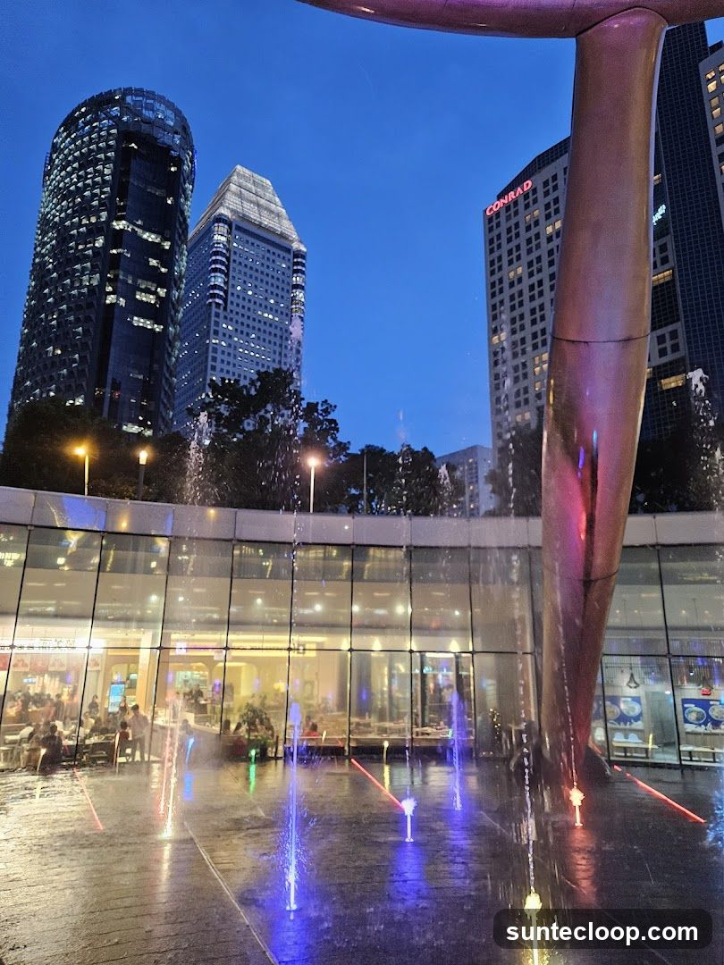 Fountains and Cityscape at Dusk
