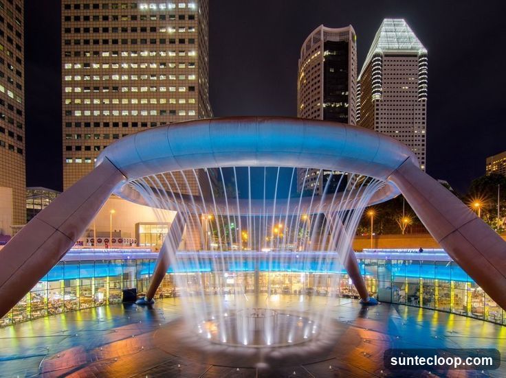 Fountain at night with skyscrapers