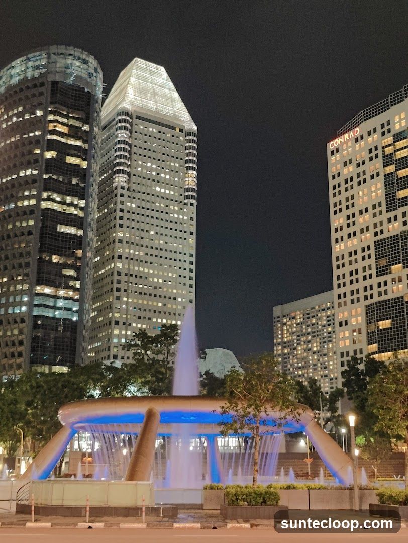 Nighttime Fountain with Cityscape