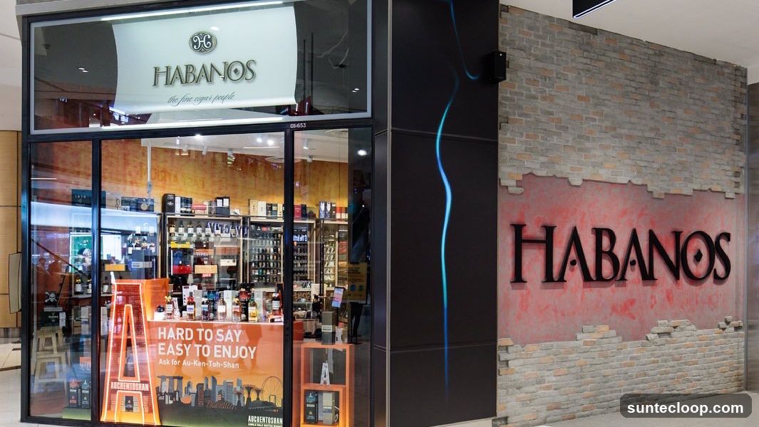 The exterior of a Habanos cigar shop with large glass windows displaying various bottles and boxes of cigars. A prominent sign above the window reads "HABANOS the fine cigar people". To the right of the entrance, a brick wall features the "HABANOS" logo in large, dark lettering. Inside, shelves are stocked with numerous bottles and cigar boxes. A promotional display inside the window features the text "HARD TO SAY EASY TO ENJOY" and an image of Singapore landmarks.