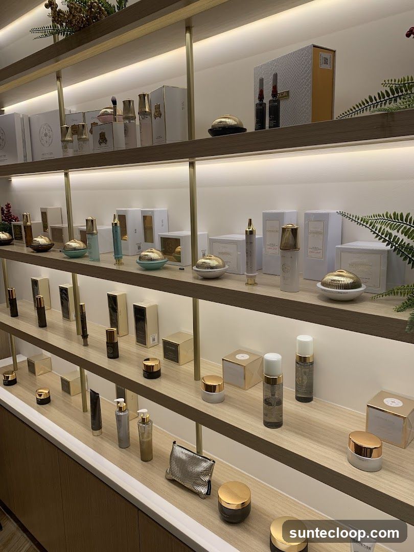 Cosmetic products on display shelves