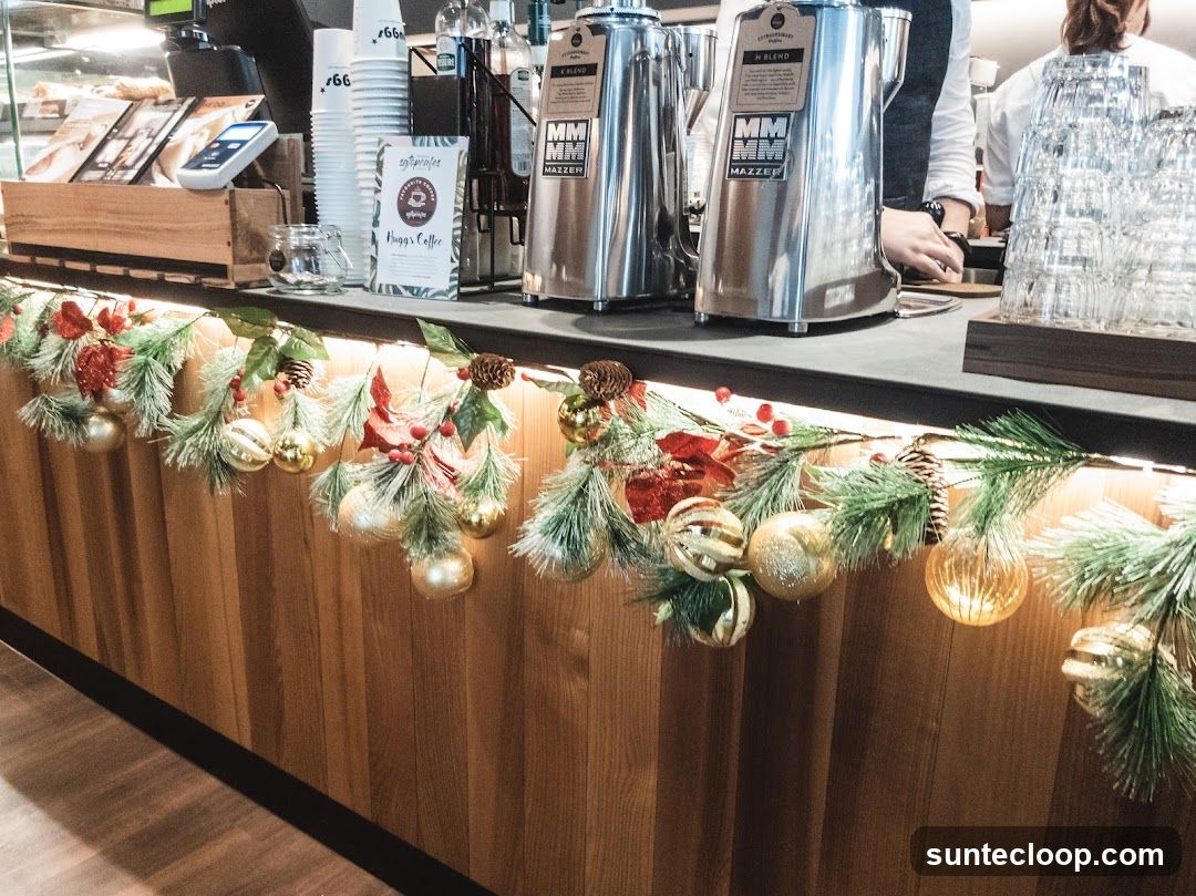 Coffee shop counter with Christmas decorations