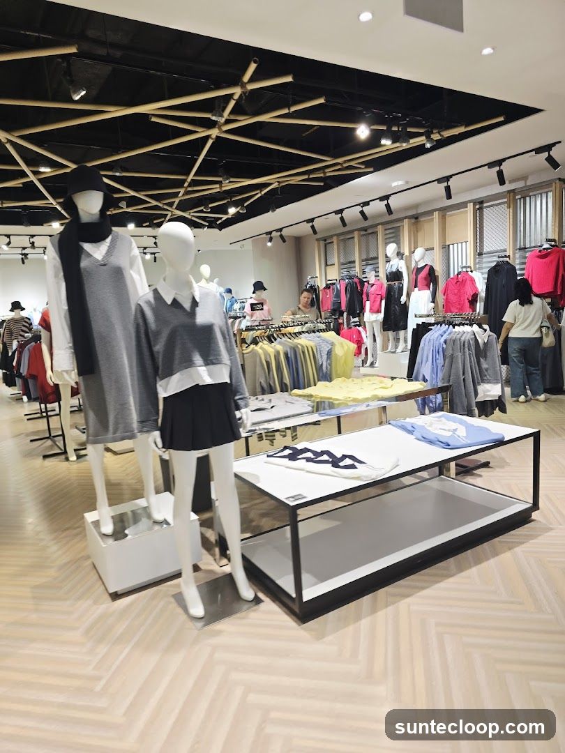 Clothing store interior with mannequins and apparel displays