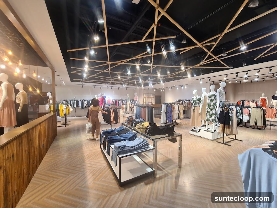 Clothing store interior with mannequins and apparel