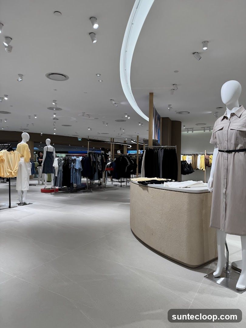 Clothing store interior with mannequins and clothing racks
