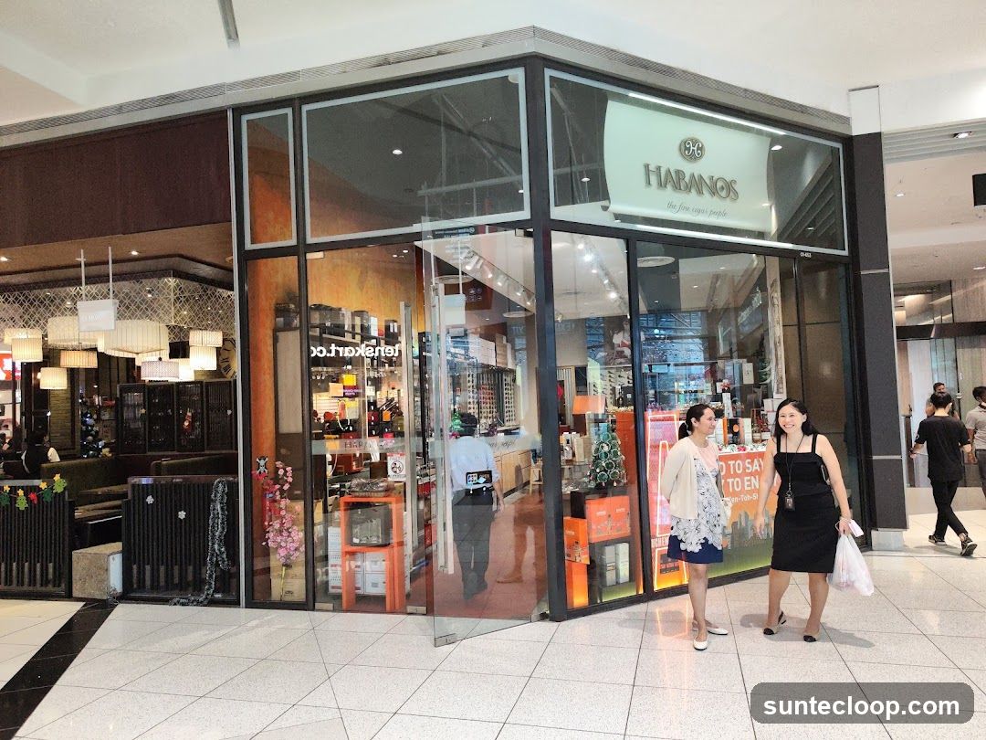 The exterior of a Habanos cigar shop with large glass windows displaying various products. Two women are standing outside the entrance, and other shoppers are visible in the background. The shop's signage, "HABANOS the fine cigar people," is prominently displayed above the entrance.