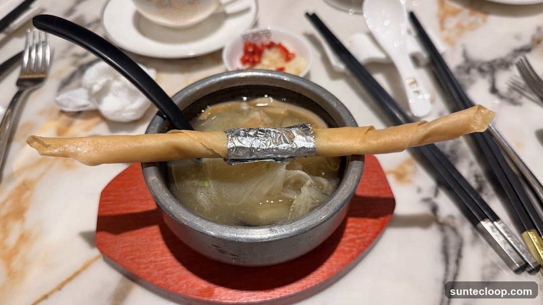 Soup with Spring Roll Garnish