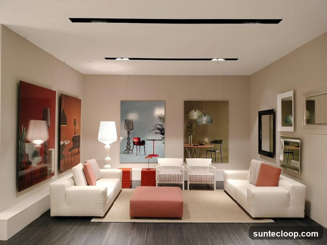 Interior design showroom with modern furniture and artwork