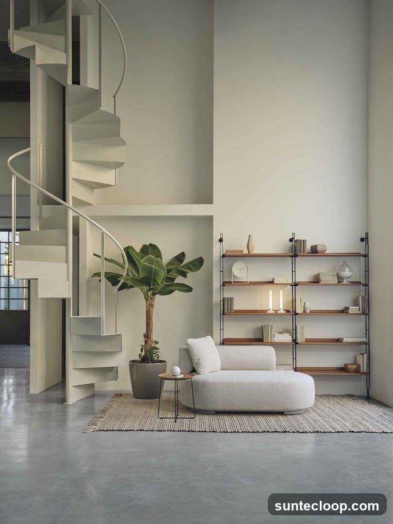 Modern Living Room with Spiral Staircase