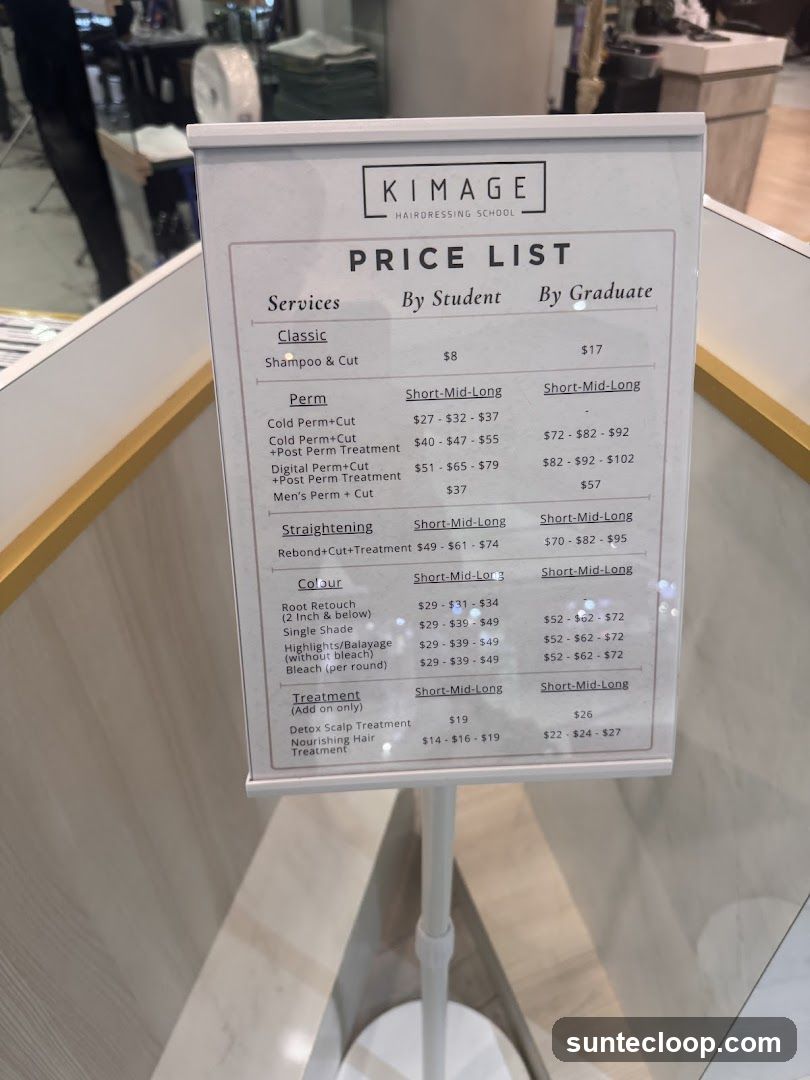 Kimage Hairdressing School Price List
