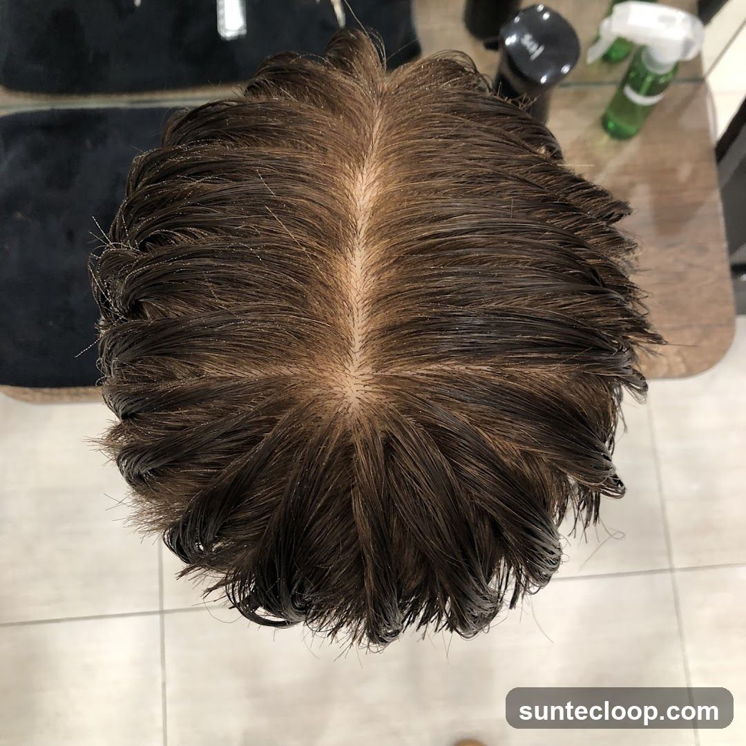 Overhead view of a person's scalp and hair