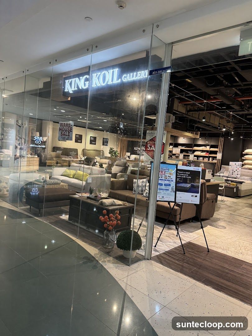 The exterior of a King Koil Gallery furniture store. The storefront features large glass windows and doors, with the store name prominently displayed in illuminated lettering above the entrance. Inside, various sofas, beds, and other furniture items are visible, along with promotional signage.