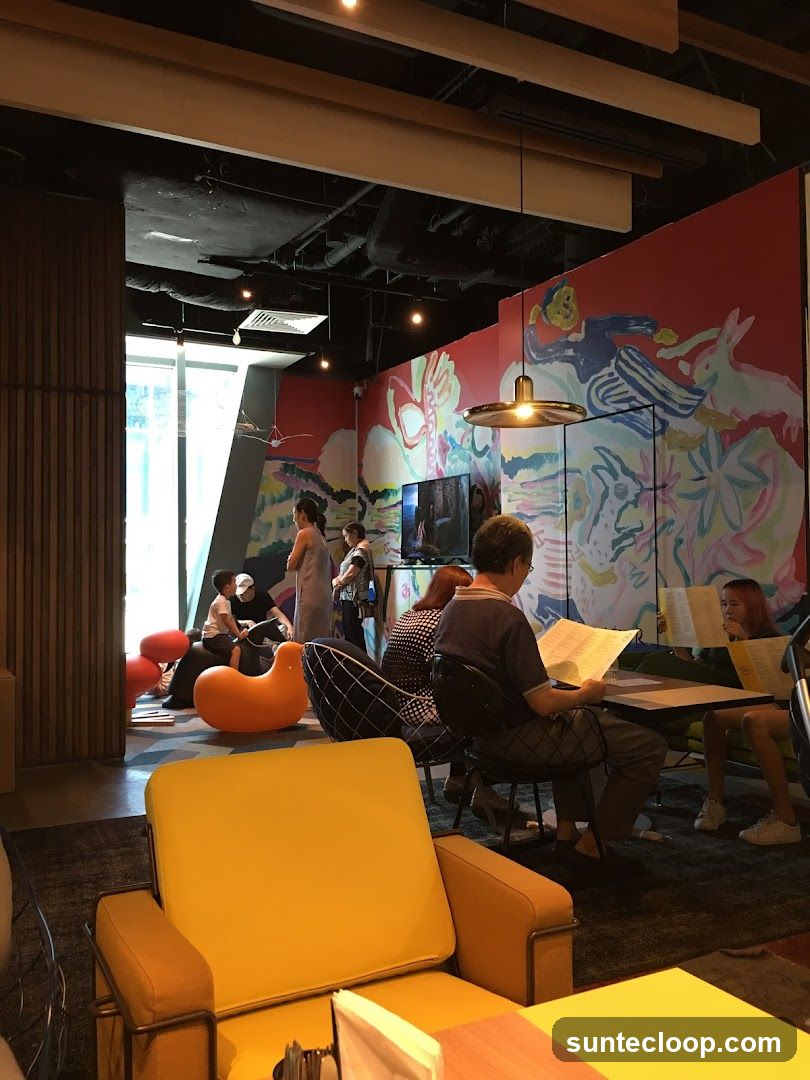 Modern Cafe Interior with Colorful Mural