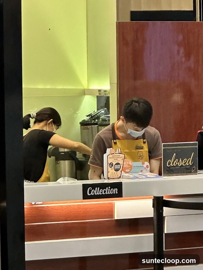 Counter with staff and signage