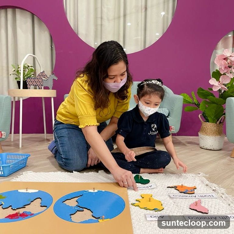 Teacher and student learning about continents