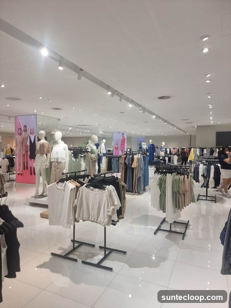 Clothing store interior with mannequins and racks of clothes