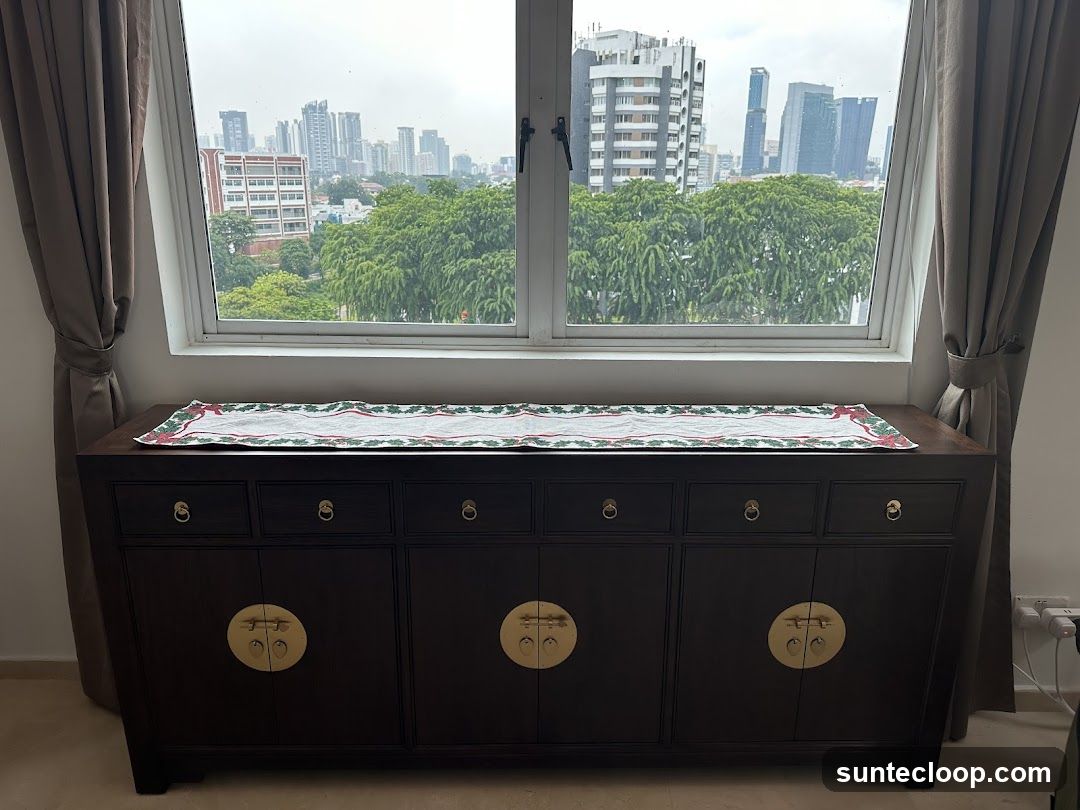 Dark Wood Cabinet with City View