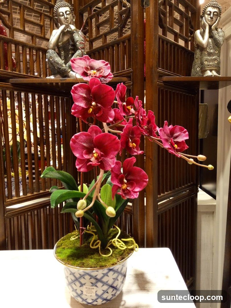 Artificial Orchid Arrangement with Buddha Statues