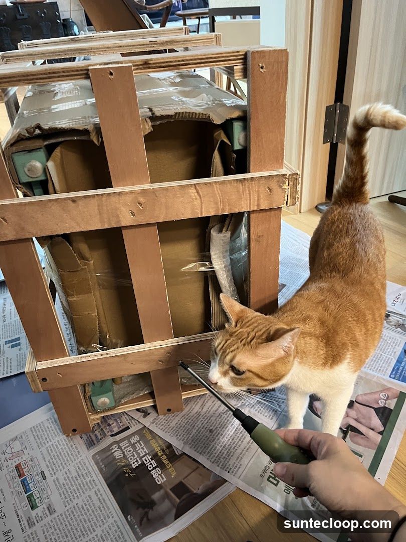 Cat with screwdriver near wooden crate