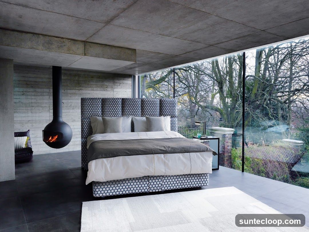 Modern Bedroom with Fireplace and Large Windows