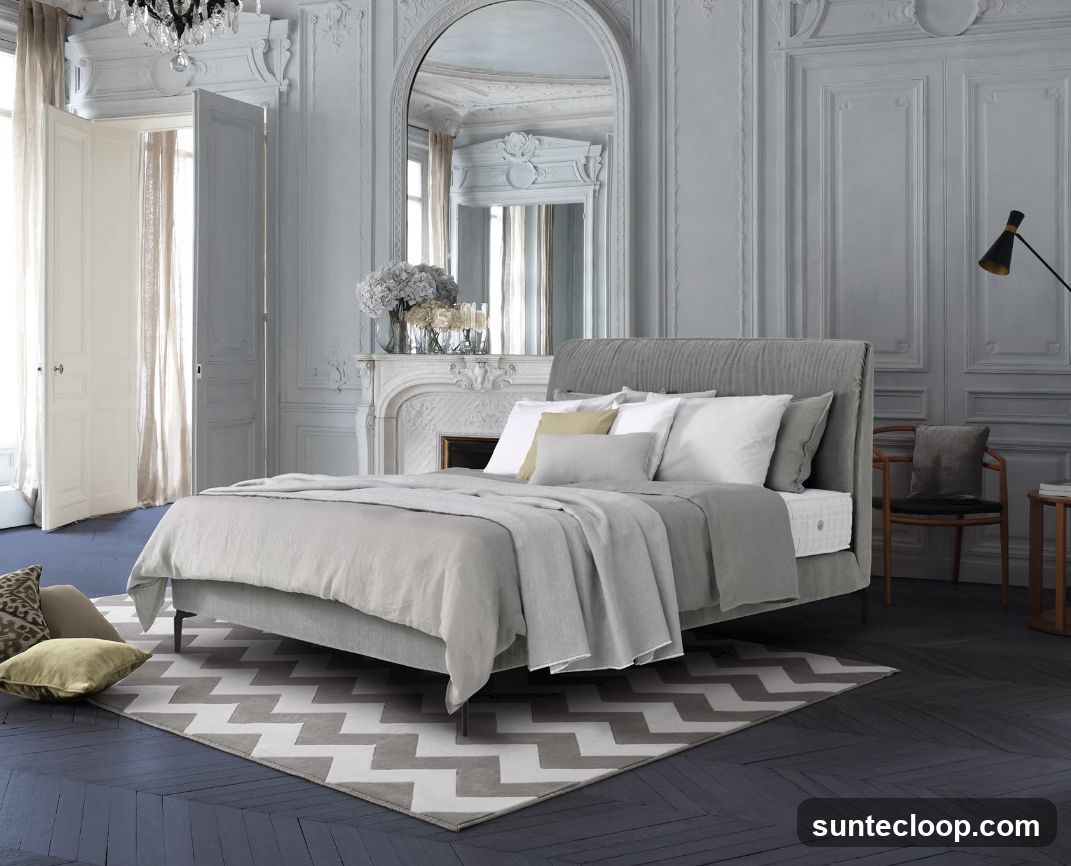 Elegant Bedroom with Grey Bed and Fireplace