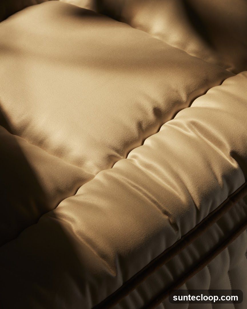 Close-up of a quilted beige cushion with sunlight casting shadows.