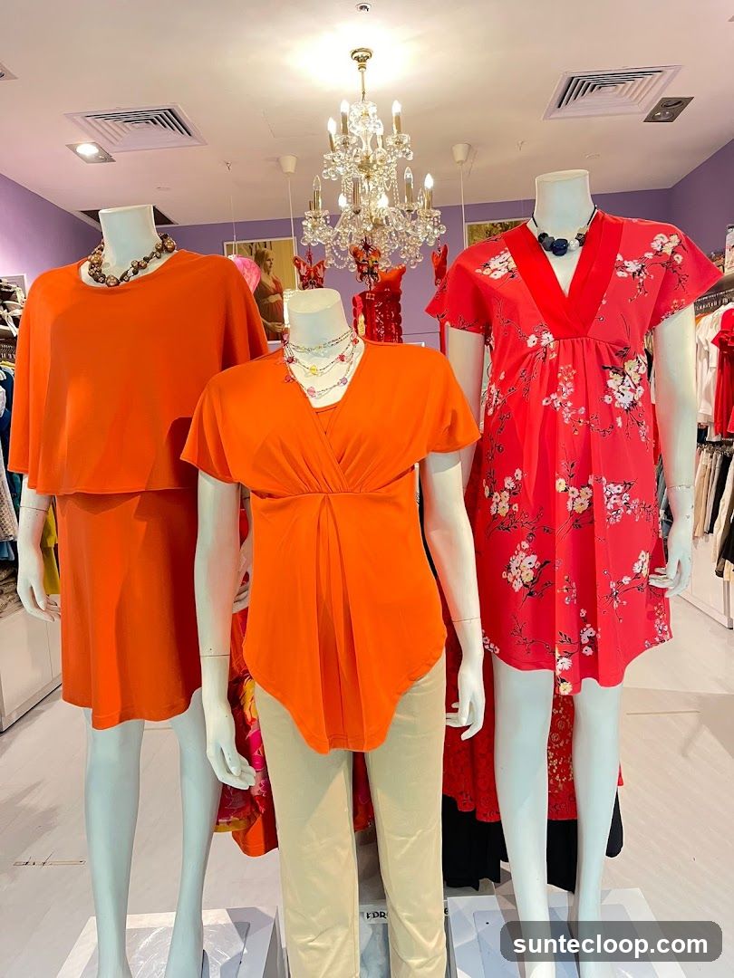 Mannequins in Orange and Red Dresses